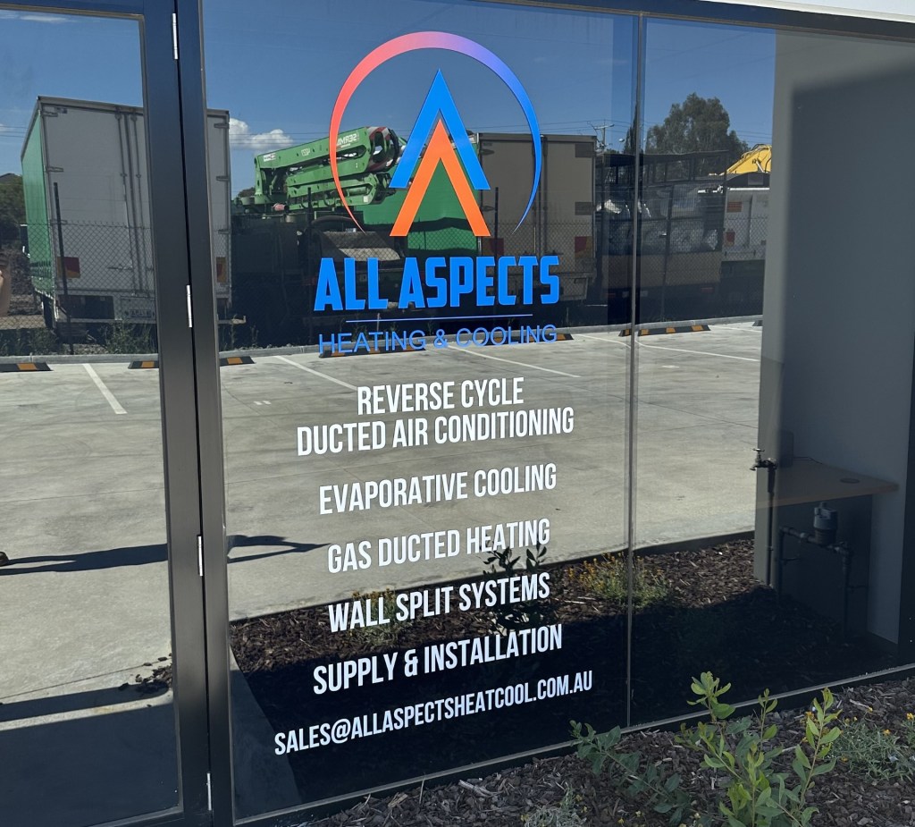 Front window of All Aspects Heating and Cooling Factory in Clyde